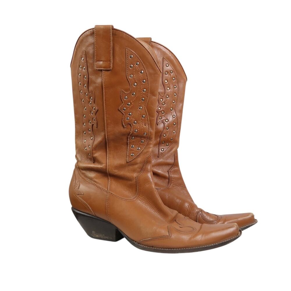 Vintage Y2K BCBGirls Tan Leather Brass Studded Mid Calf Cowboy Boots 9